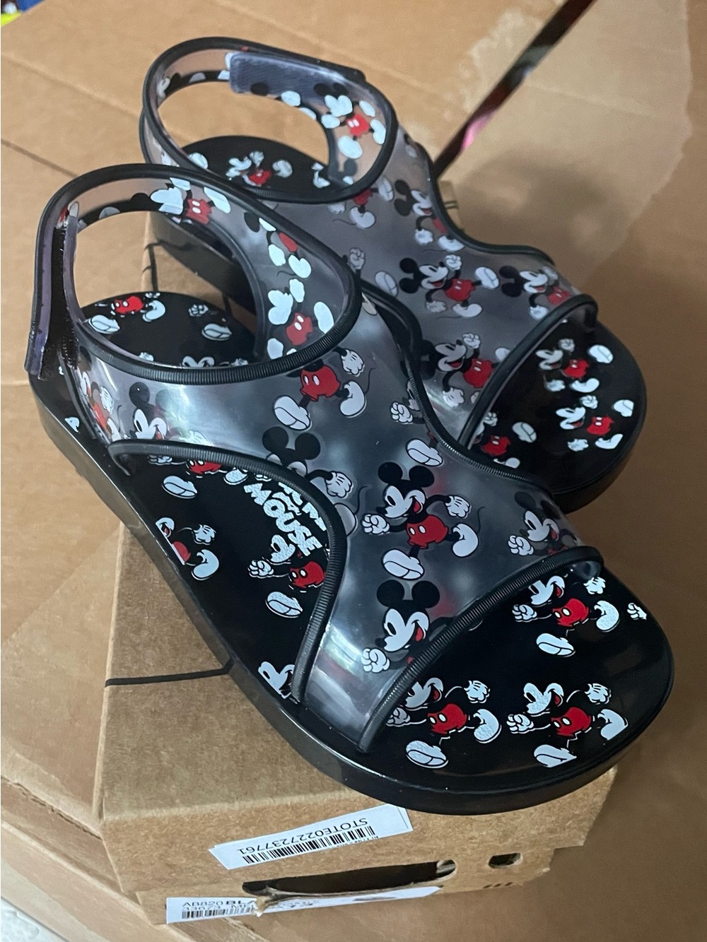 Mini Melissa Black Mickey Print Jelly Sandals with Red Accents